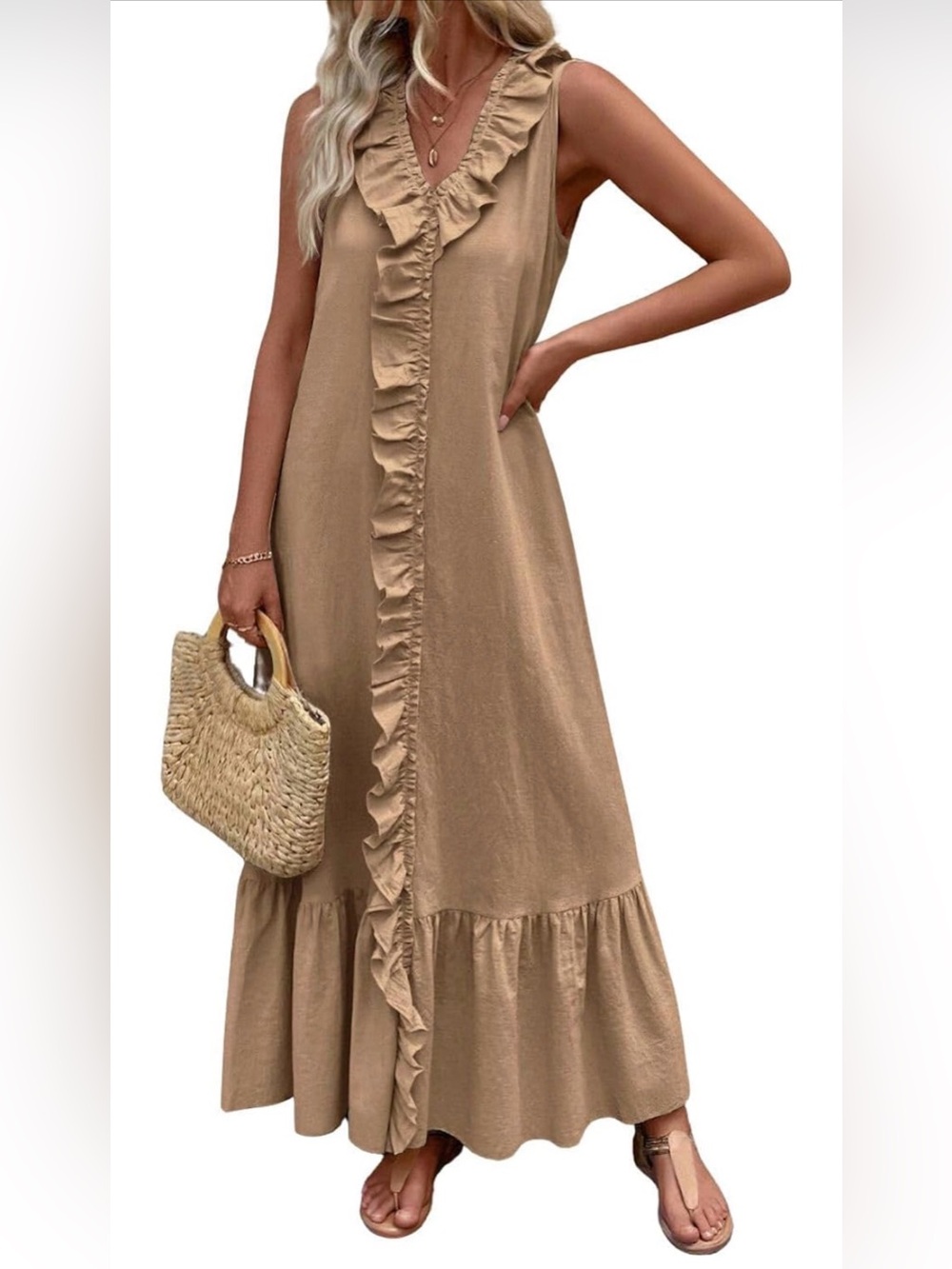 Summer Beach Cotton Tank Dress Linen Boho Sleeveless Tiered Ruffle Maxi